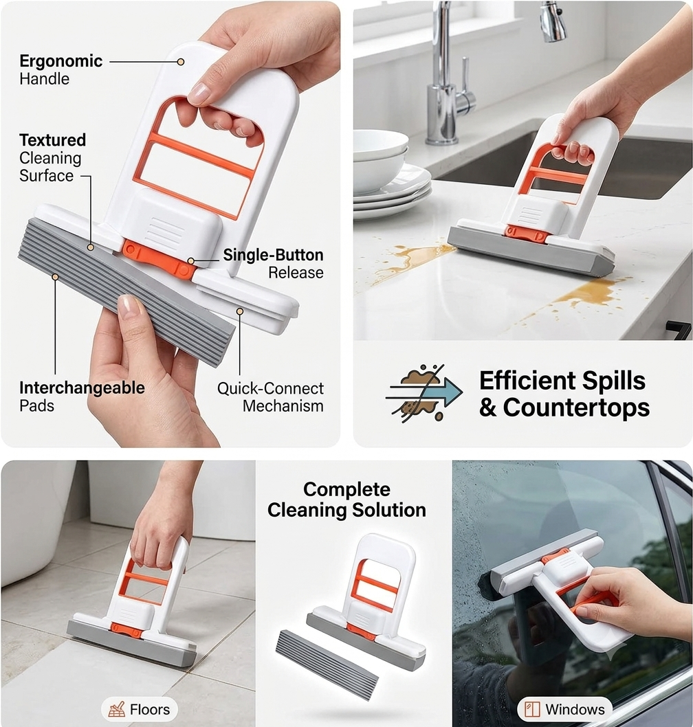Mini Foldable Sponge Mop, Self-Squeeze Desktop Mop for Small Spaces, Wet & Dry Portable Cleaning Tool for Kitchen Countertops